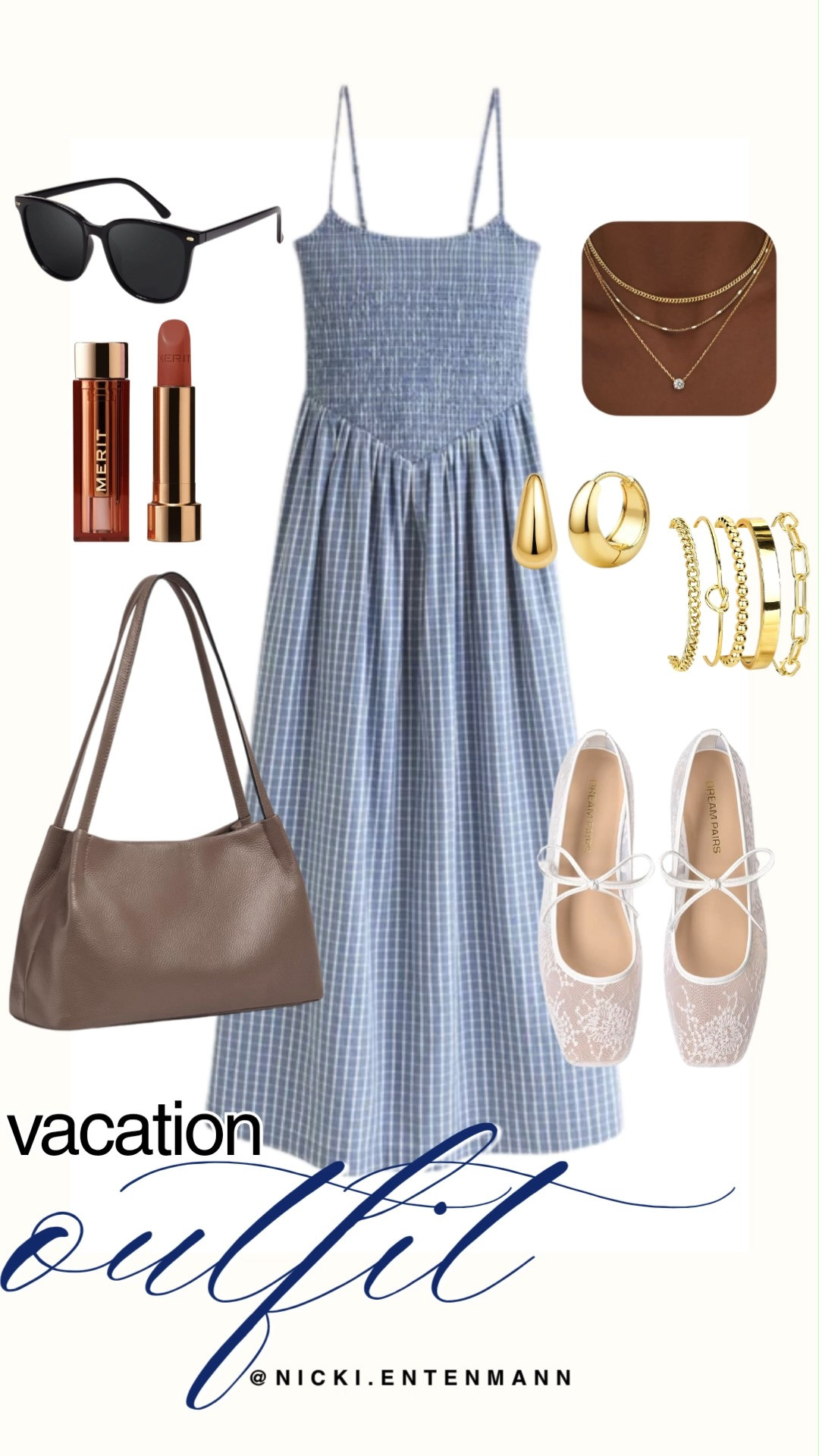 Embrace effortless getaway style with this light blue and white gingham smocked midi dress. Styled with delicate lace ballet flats, a soft taupe leather shoulder bag, black sunglasses, layered gold jewelry, and Merit lipstick, it is the ultimate preppy look for a cozy escape.

#vacationoutfit #vacationstyle #resortwear #preppycasual #outfitinspiration #everydaystyle 

 #LTKootd #LTKSaleAlert #LTKTravel