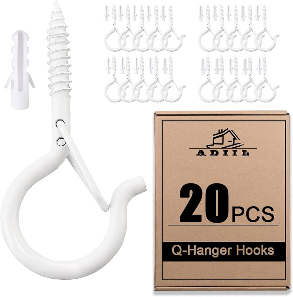 ADIIL 20 PCS Q Hanger Hooks with Safety Buckle, Windproof Screw Hooks for Hanging Outdoor String ... | Amazon (US)