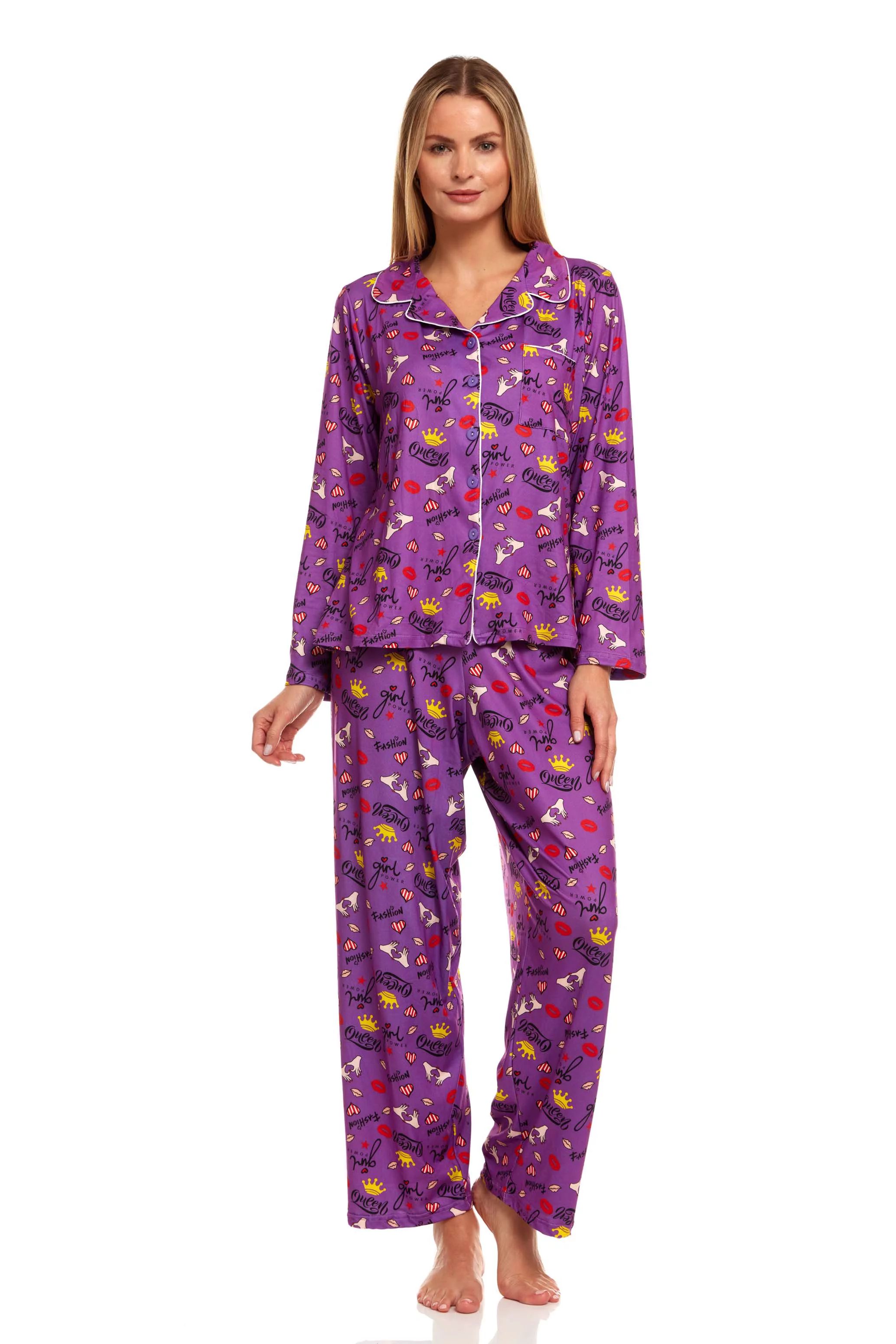 2162 Womens Sleepwear Pajamas Woman Long Sleeve Button Down set Purple L - Walmart.com | Walmart (US)