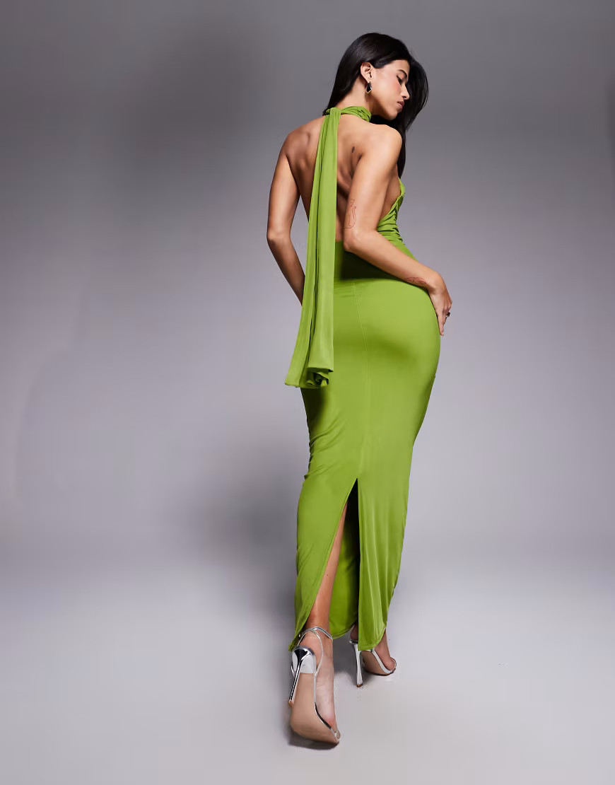 ASOS DESIGN mesh twist bust detail halter maxi dress with tie back neck in green | ASOS (Global)