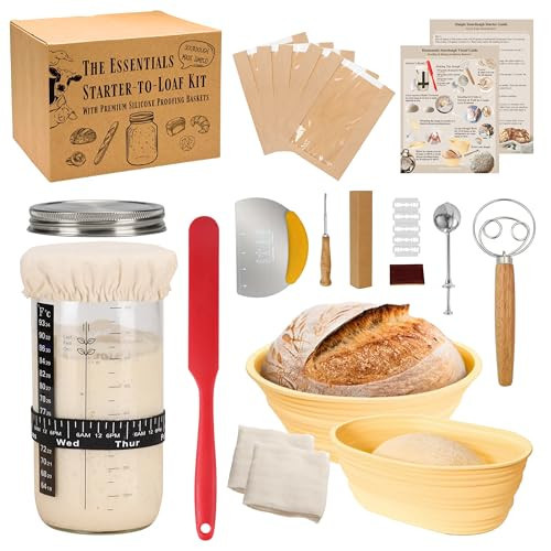 JoeCo Sourdough Starter Kit, Complete Starter-To-Loaf Set with Instructions, Sourdough Starter Jar, Silicone Proofing Baskets, Danish Dough Whisk, Dough Scraper, Bread Lame & Sourdough Baking Supplies | Amazon (US)