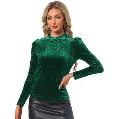 INSPIRE CHIC Women's Metallic Velvet Puff Long Sleeve Mock Neck Glitter T-shirt Dark Green Large | Target
