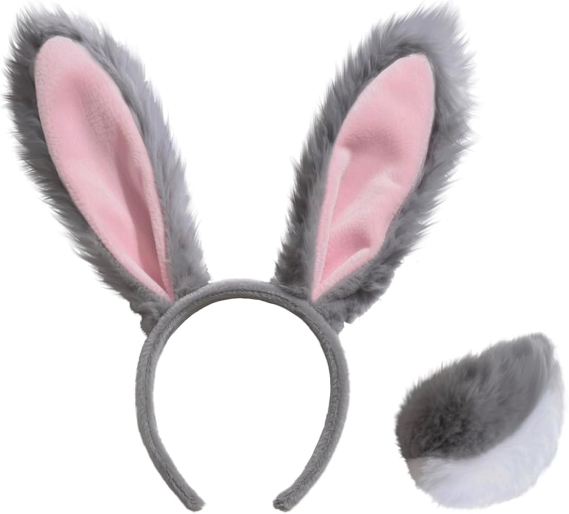 3Pcs Plush Bunny Costume Set – Grey Ears Headband, Faux Fur Tail & Bonus Patch for Adults | Amazon (US)