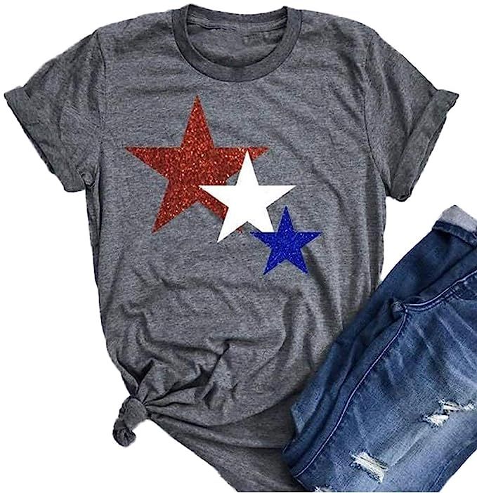 American Flag Glitter Stars Shirt 4th July USA Flag Patriotic Short Sleeve Loose Casual Graphic T... | Amazon (US)