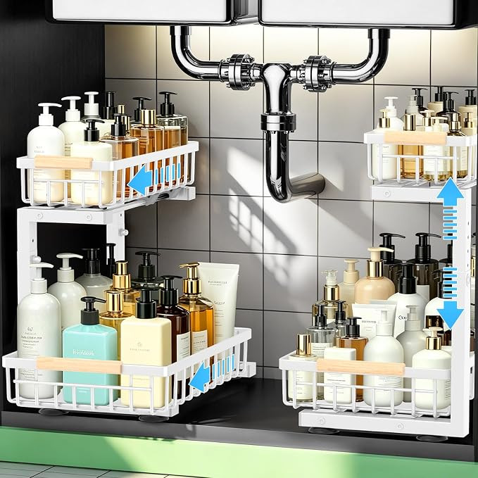 Under Sink Organizer 2 Pack, Double Slide Out Metal Shelf, White | Amazon (US)