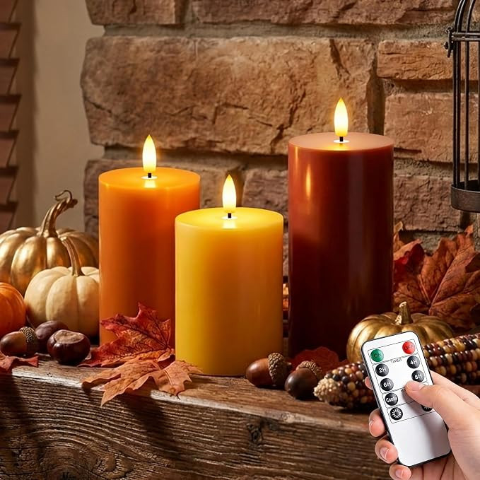 Fall Decor, Fall Decorations for Home, Flameless Pillar Candles, Set of 3 | Autumn Decor for Tabl... | Amazon (US)