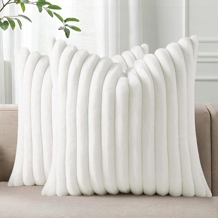 Pallene Faux Fur Throw Pillow Covers 18x18, Set of 2, Striped, White | Amazon (US)