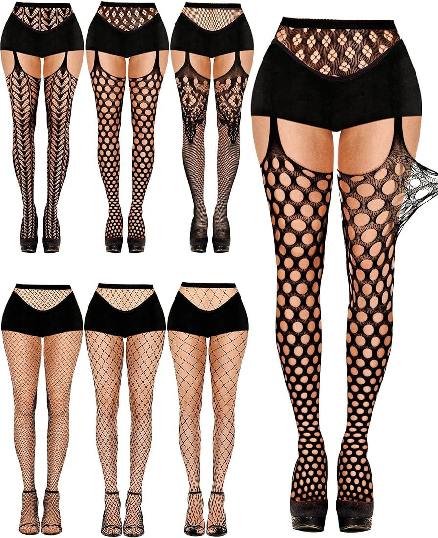 6 Pairs Women Fishnet Stockings Thigh High Stockings Garter Stockings Suspender Pantyhose Stocking f | Amazon (US)