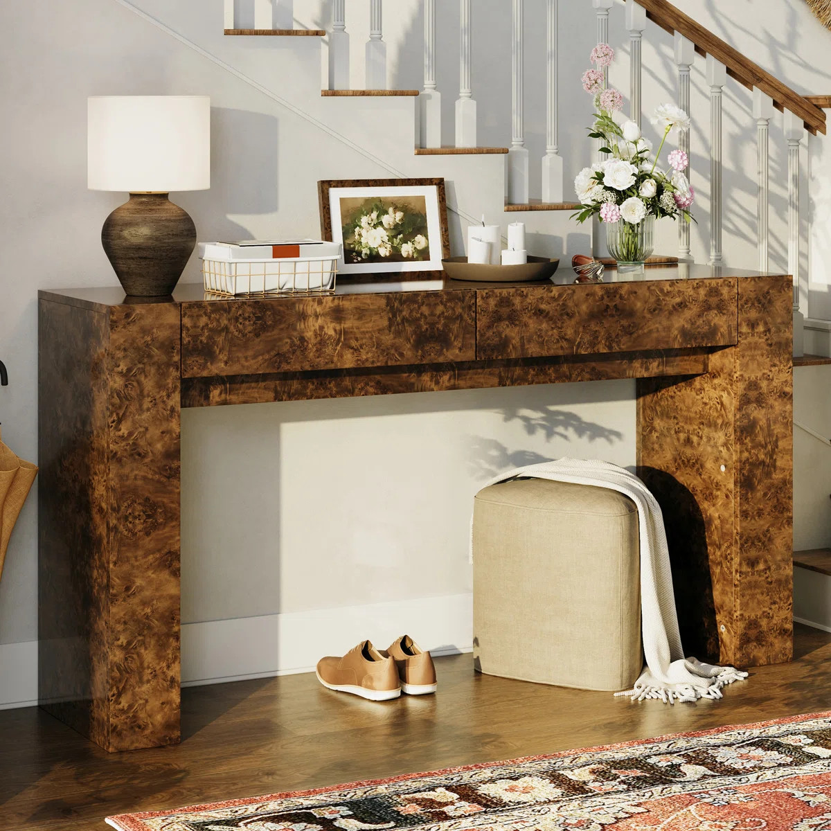 Dorne 63" Modern High Gloss Burl Wood Console Table with 2 Drawers, Brown | Wayfair North America