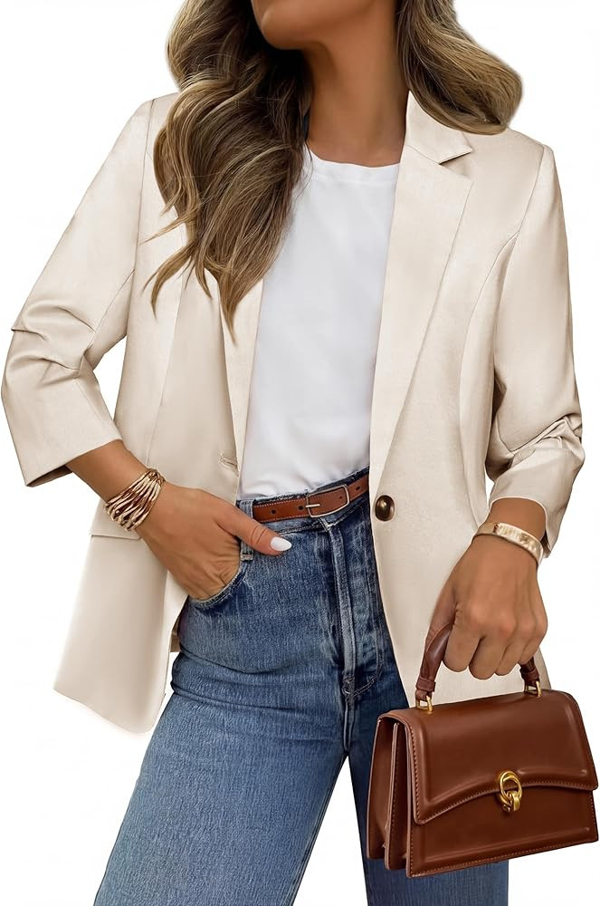 Simplee Ruched 3/4 Sleeve Blazer for Women Lightweight Dressy Business Casual Suit Jackets for Wo... | Amazon (US)