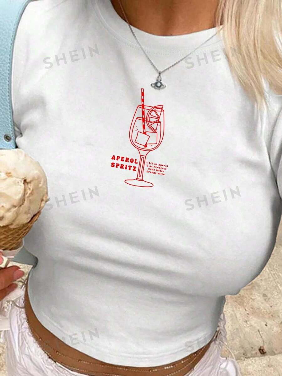 SHEIN EZwear Plus Size Women's Aperol Spritz Cocktail Short Crop Top T-Shirt For Summer | SHEIN