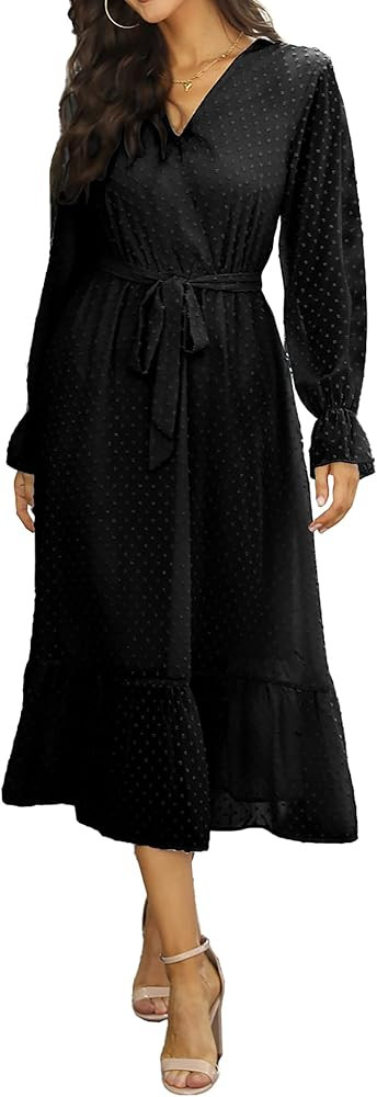 BTFBM Women's Casual Party Summer Fall Dresses 2023 Long Sleeve Wrap V Neck Swiss Dot Swing A-Lin... | Amazon (US)