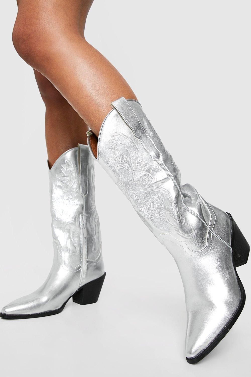 Womens Metallic Knee High Cowboy Western Boots - Grey - 10 | Boohoo.com (US & CA)