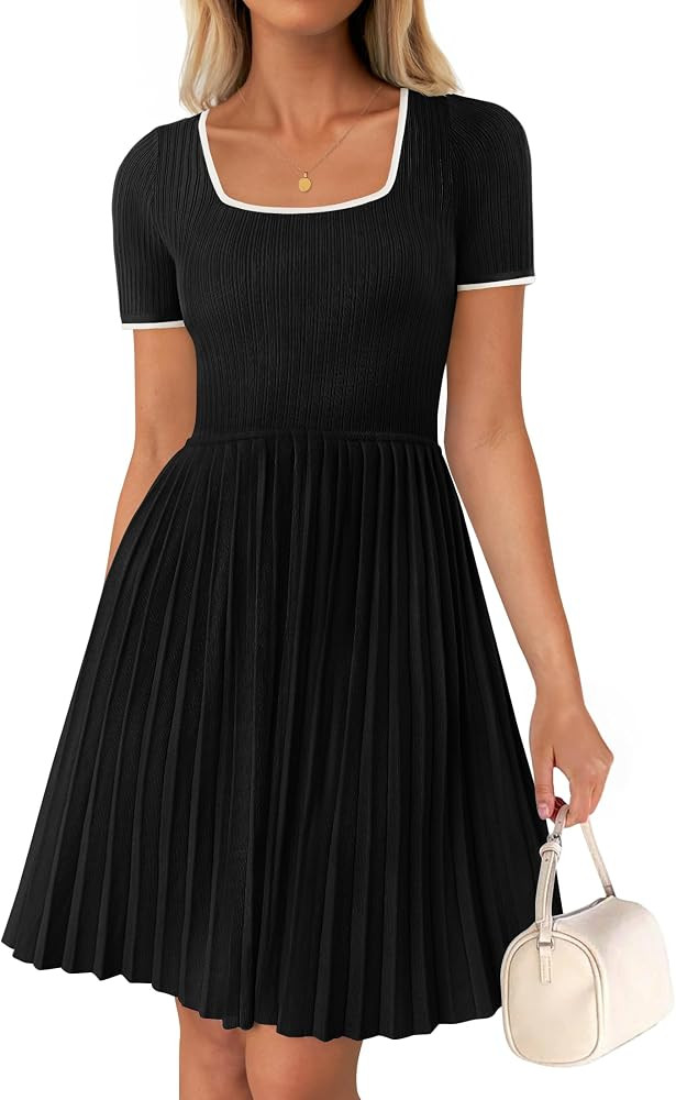 ZESICA Women's Ribbed Square Neck Color Block Pleated Mini Dress Short Sleeve A Line Knit Short D... | Amazon (US)
