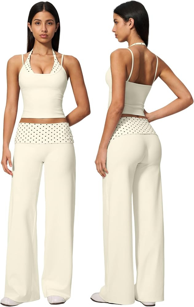 Women Two Piece Workout Set Striped Halter Tank Tops and High Waist Wide Leg Yoga Pants Pilates O... | Amazon (US)