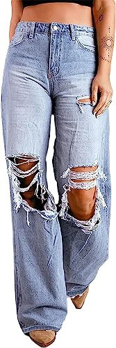 Stylish High Waist Distressed Ripped Jeans for Women, Baggy Boyfriend Straight Leg Hole Denim Pants - Perfect for Teen Girls and Streetwear Fashion Blue | Amazon (US)