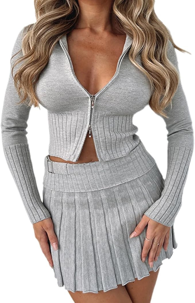 Women 2 Piece Outfits Pleated Skirt Sets Fall Casual Long Sleeve Top and Mini Hip Skirts Matching... | Amazon (US)
