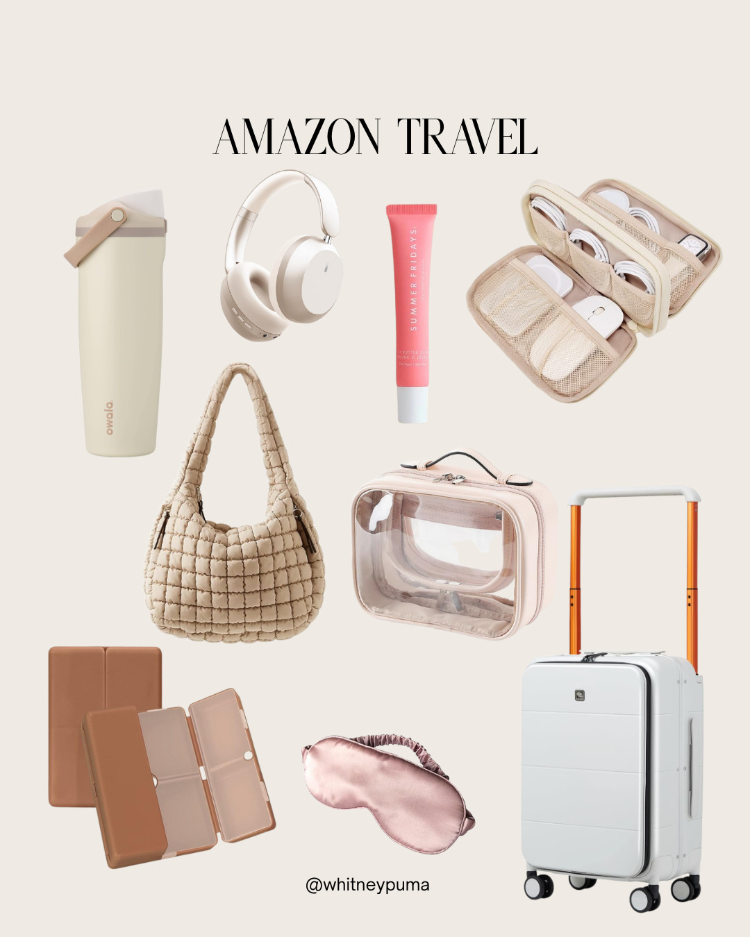 Amazon Travel Essentials | carry on suitcase | silk eye mask | quilted bag | purse | headphones | Owala | water bottle | travel | makeup case | cute pill case 

 