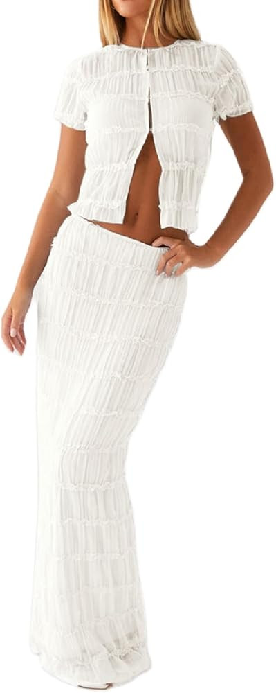 Sastianaen Women Two Piece Maxi Skirt Sets Y2k Sleeveless Crop Cami Top Ruffle Tiered Flowy Long ... | Amazon (US)