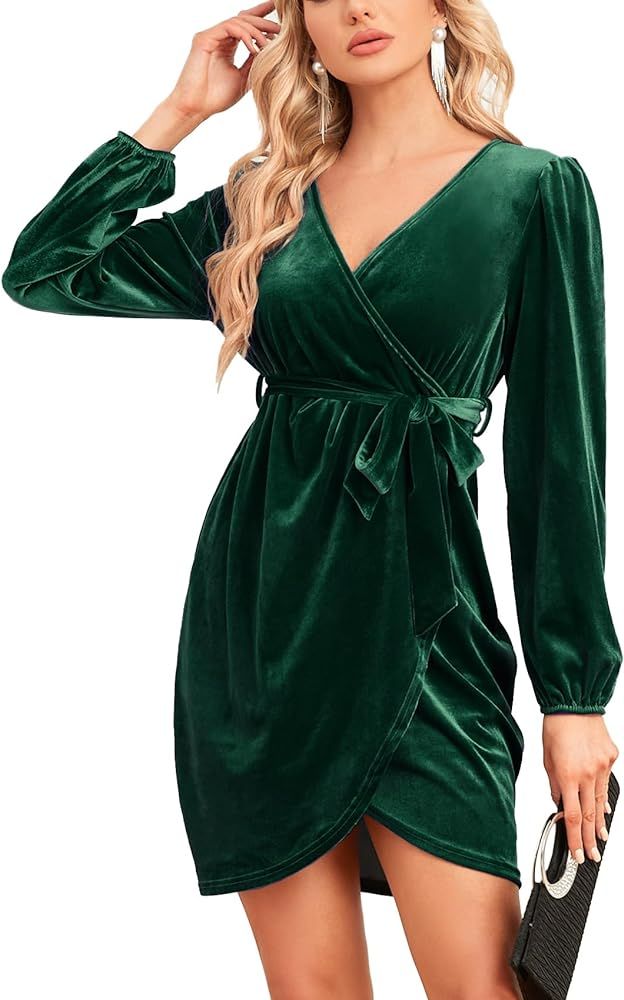 CYCLAMEN Women's Long Sleeve Wrap Ribbed Velvet Mini Dress Tie Waist V Neck Short Velvet Dress Fo... | Amazon (US)