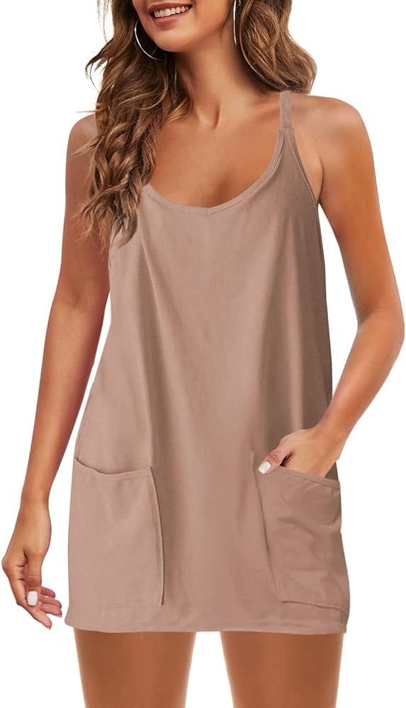 Womens Summer Sleeveless Mini Dress V Neck Spaghetti Strap Sundress Athletic Short Dress with Poc... | Amazon (US)
