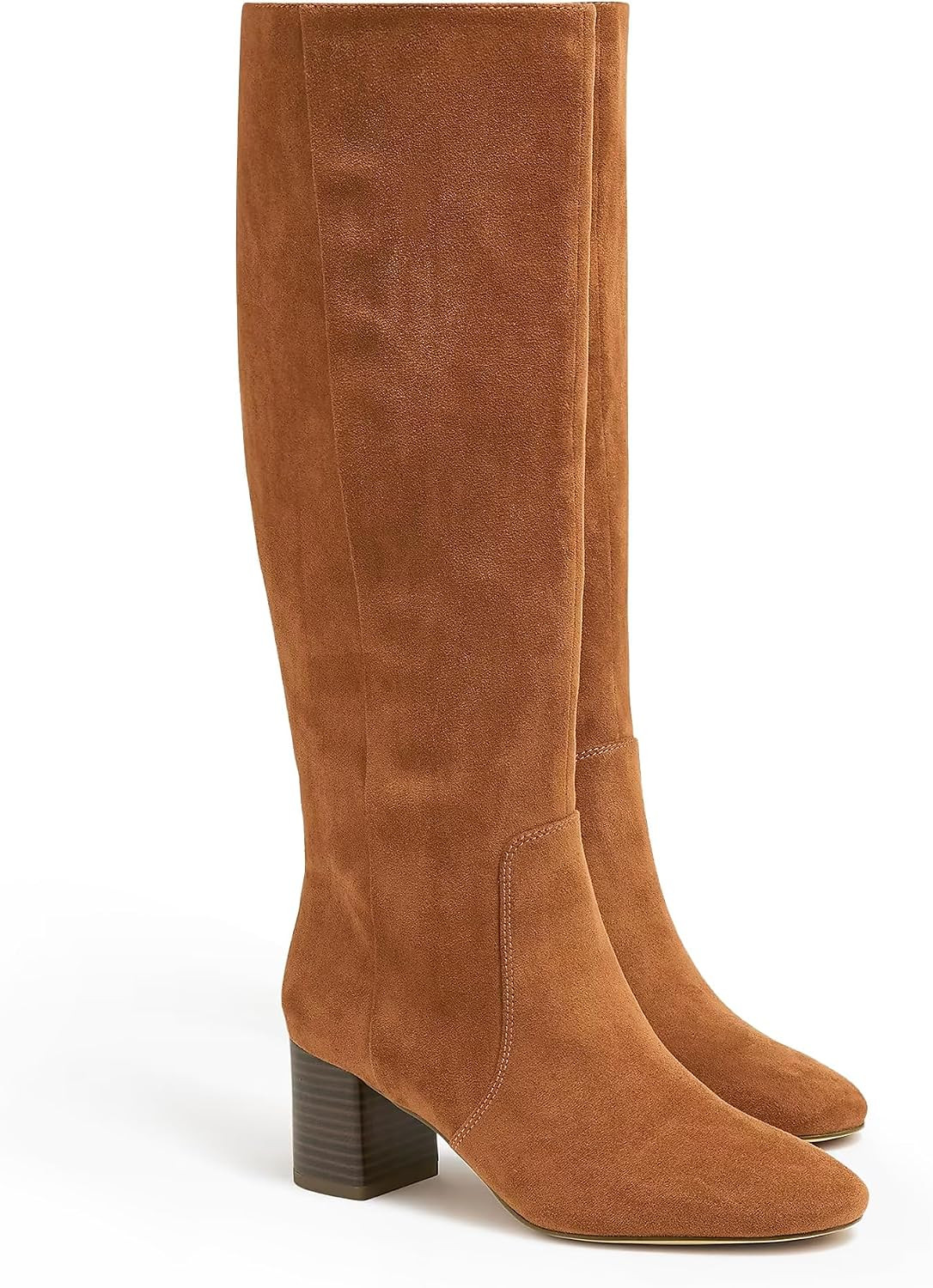 Coutgo Womens Chunky Heel Knee High Boots Suede Round Toe Fall Winter Tall Boots with Side Zipper | Amazon (US)
