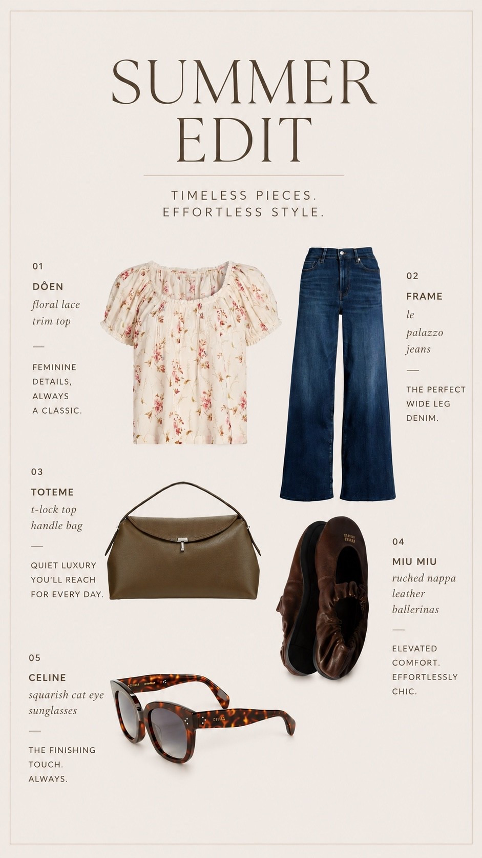 Soft feminine details paired with tailored denim from @Saks Fifth Avenue will always feel timeless for summer. This floral Dôen top styled with dark wash wide leg FRAME jeans creates that effortless elevated look that feels romantic, polished, and easy to wear every day.

The rich brown accessories add warmth and depth while the Miu Miu ballet flats and Toteme bag bring in that understated quiet luxury feel everyone is gravitating toward right now. Finished with classic Celine sunglasses for the perfect everyday summer outfit formula. #Saks #SaksPartner