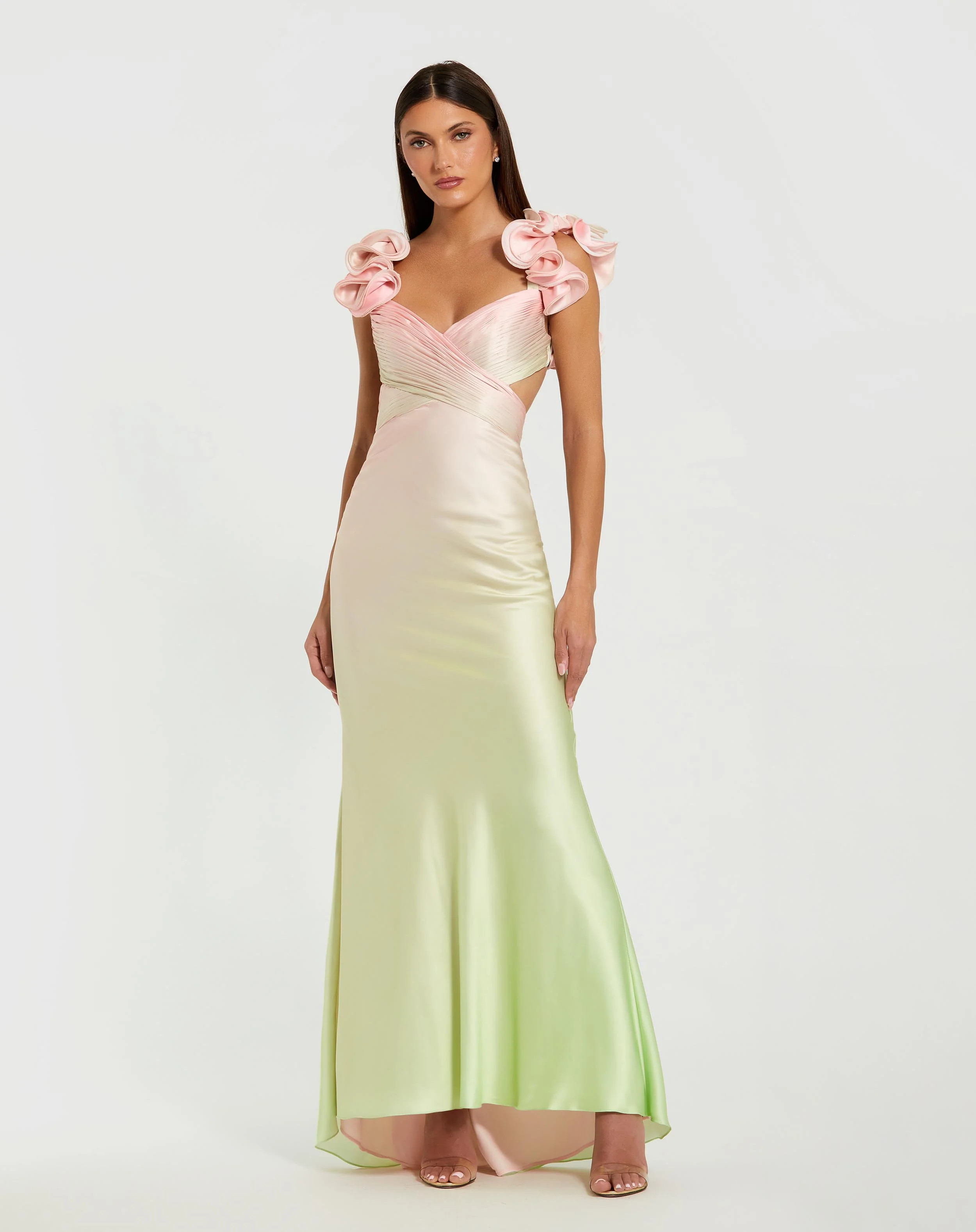 Pink and Green Charmeuse Ruffle Strap Crossover Ombre Gown | Mac Duggal
