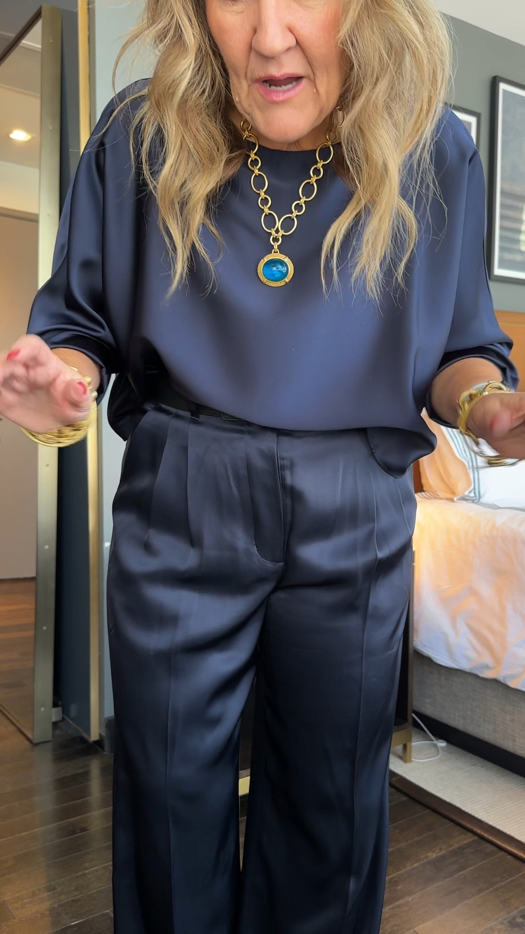 Frosted glam look tonight! 

Navy satin will be perfect through fall winter and holidays. 

Pants size 10. Size up if inbetween. 
The blouse is lovely too. Wearing an XL as that’s what they had in store. I would have preferred a large. 

It was a great night. Lots of folks wearing sequins and satin. 

Aritzia trousers Dillards blouse 

#LTKCon #LTKMidsize #LTKParties