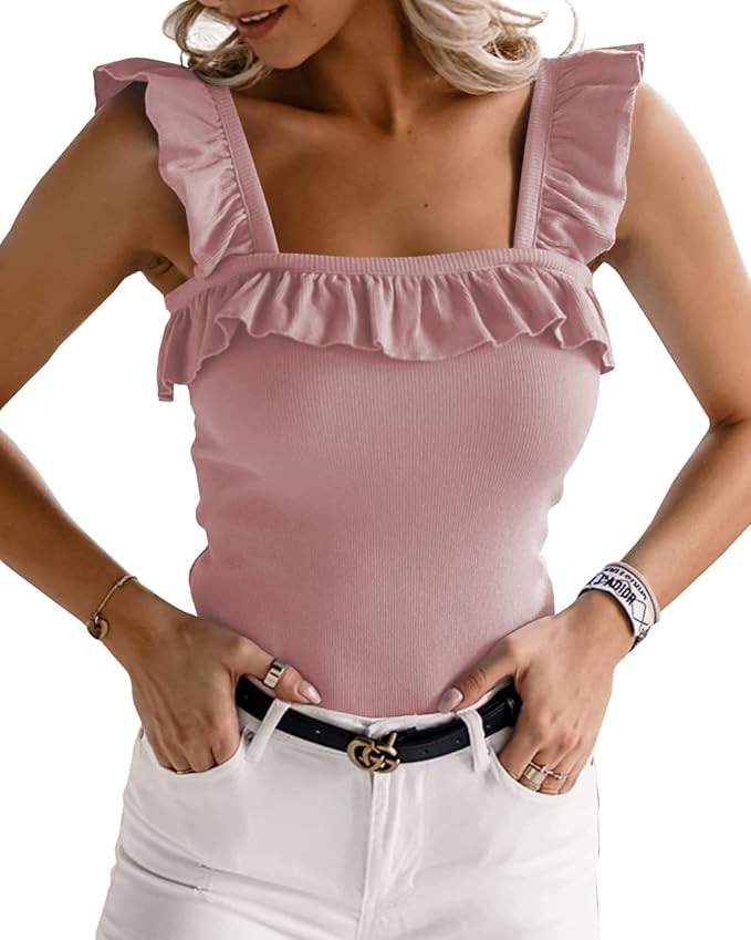 WAYMAKER Women's Cute Square Neck Sleeveless Ribbed Ruffle Strap Tank Top Bodysuits | Amazon (US)