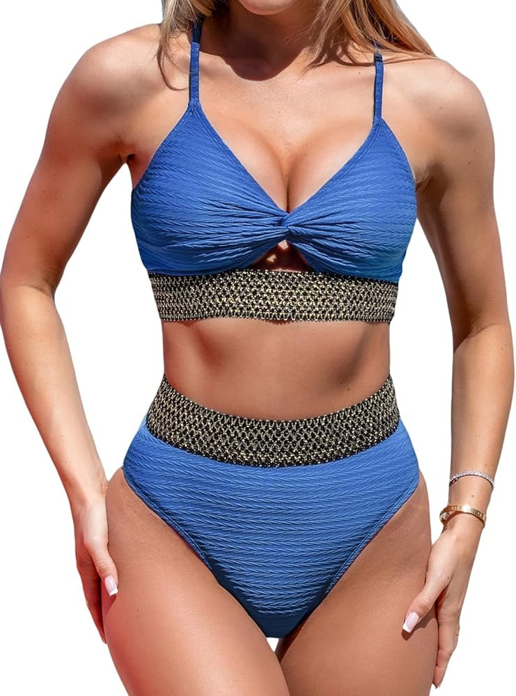 CUPSHE Women's Bikini Sets High Waisted V Neck Twist Cutout Color Block Crisscross Back Bathing S... | Amazon (US)