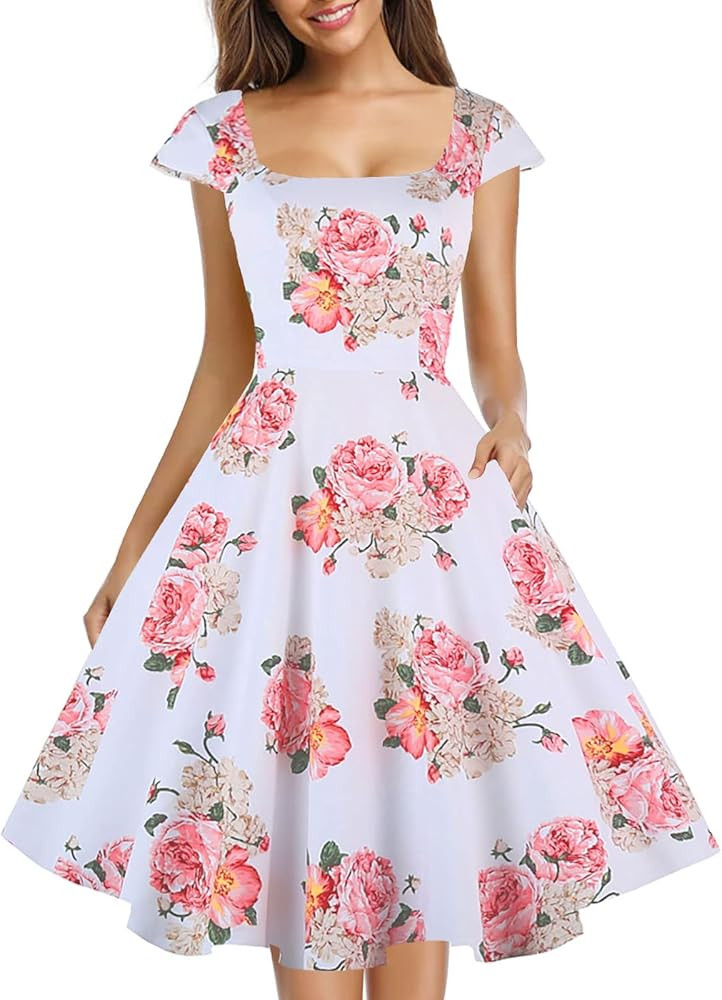 PUKAVT Women's Cocktail Party Dress Cap Sleeve 1950 Retro Swing Dress with Pockets | Amazon (US)