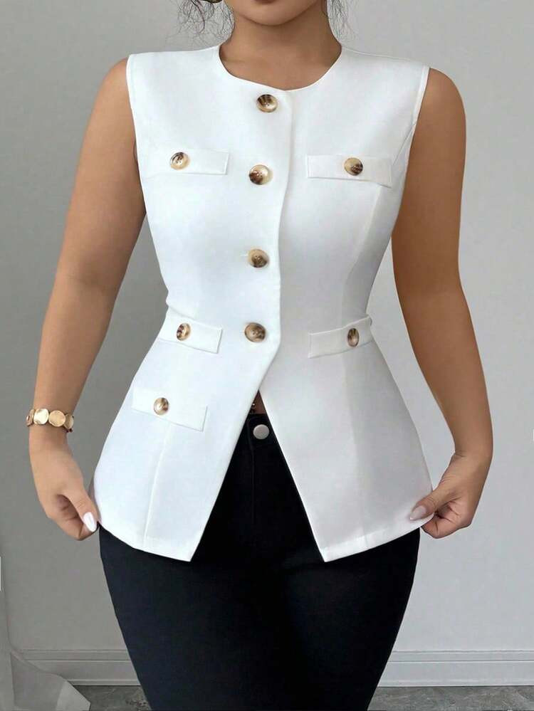 Elenzga Plus Size Elegant Woven Fabric Sophisticated French Style Minimalist Chic Commute Versati... | SHEIN