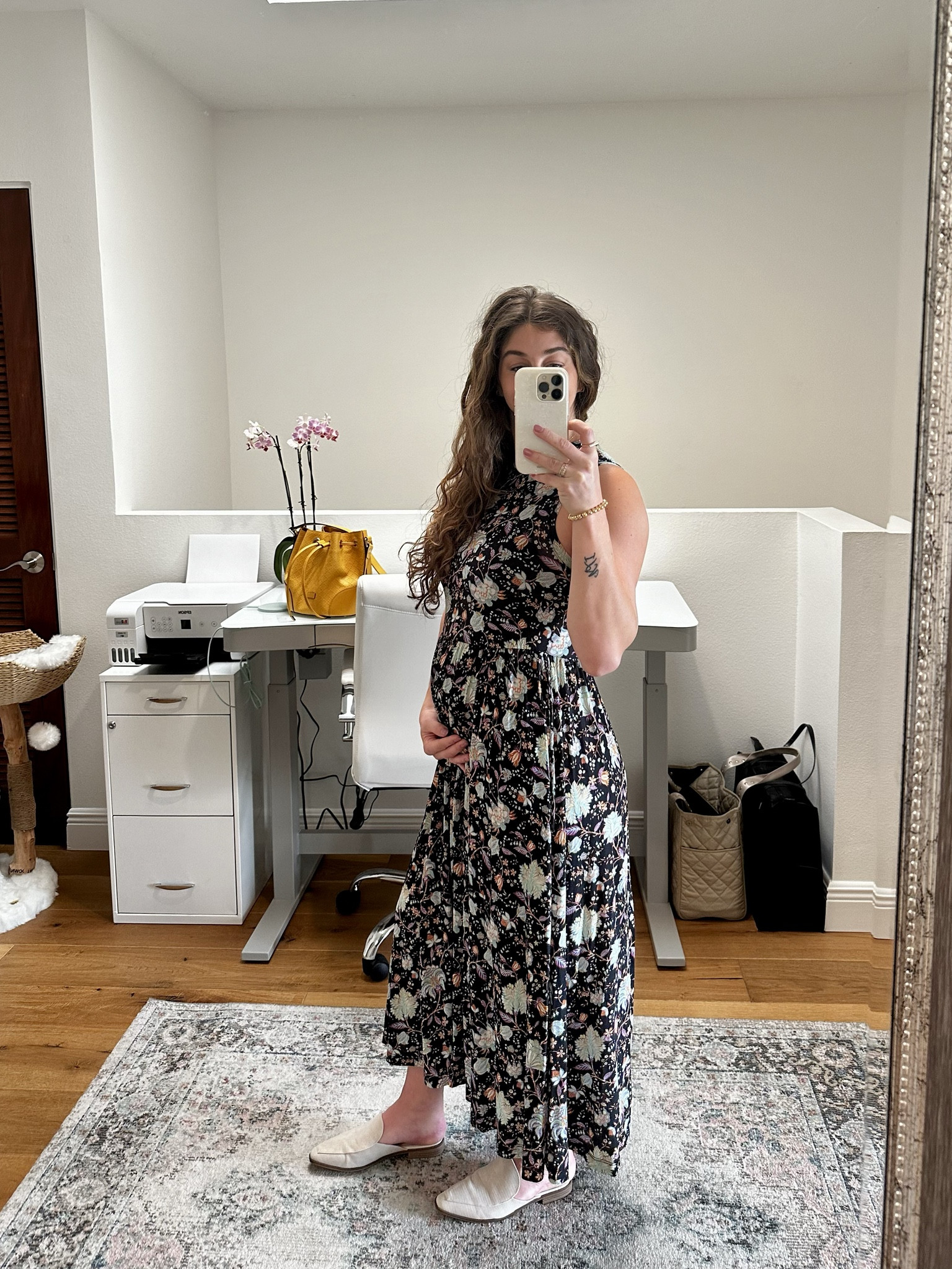 29 weeks! Obsessed with this dress and the adjustable drawstrings 🤍 Bump friendly maxi (this fabric is SO soft!) Wearing XS. No zippers, very stretchy jersey material. Tagged the same dress but different pattern. 

#LTKbump #LTKsalealert #LTKworkwear