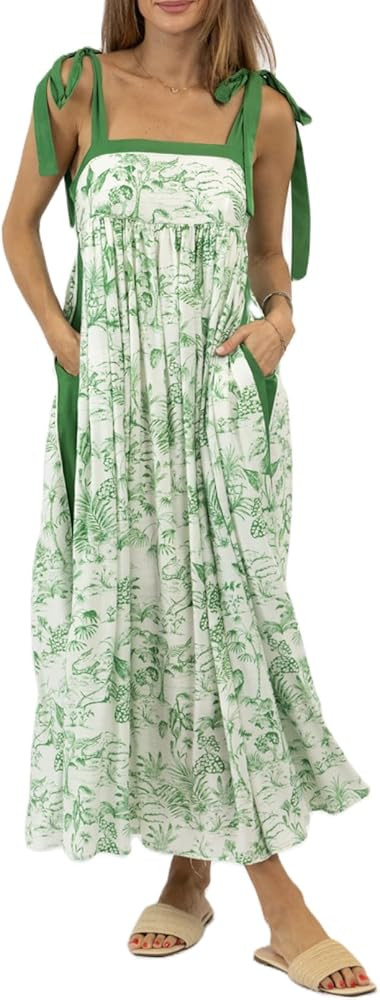 Women Summer Boho Tie Shoulder Dress Y2k Floral Smocked Flowy Long Dress Ruffle Tiered Beach Voca... | Amazon (US)