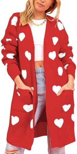 HOULENGS Women's Cute Heart Long Cardigan Sweaters V Neck Ribbed Knit Open Front Sweater Coats wi... | Amazon (US)