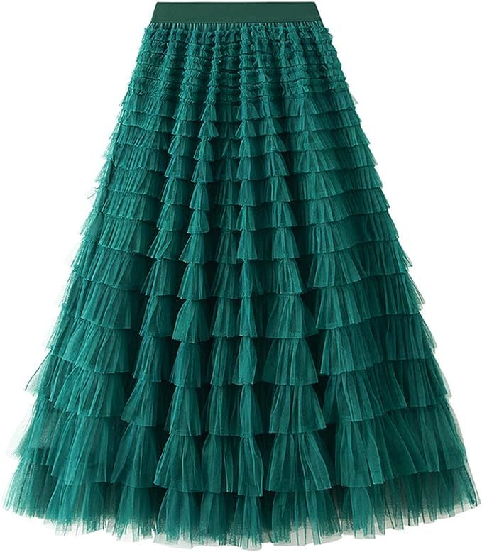 Amazon.com: Women Tutu Tulle Skirt Elastic High Waist Layered Skirt Tiered Sheer Mesh A-Line Maxi... | Amazon (US)