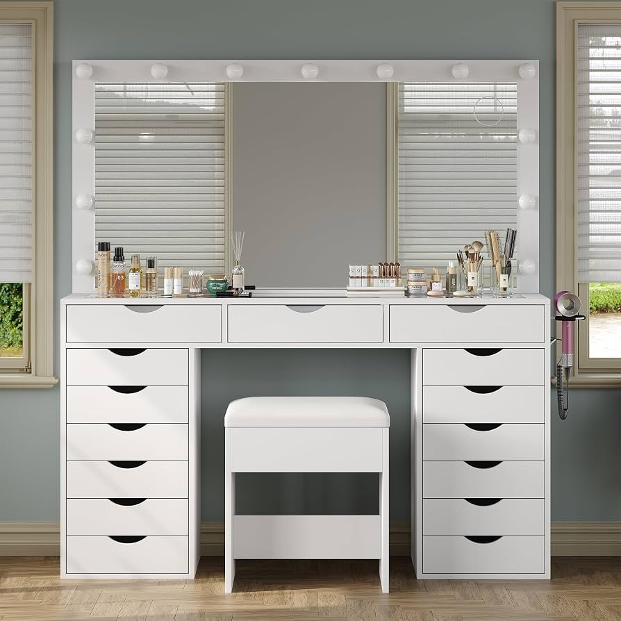 15 Drawers Vanity Desk with Power Outlet, Makeup Table with Mirror and 13 LED Lights, 3 Color Lig... | Amazon (US)