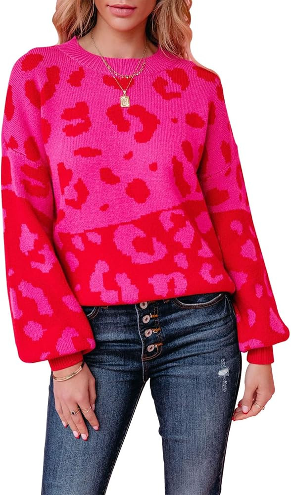 ANCAPELION Women’s V Neck Sweater Pullover Leopard Long Sleeve Basic Color Block Jumper Casual Knitt | Amazon (US)