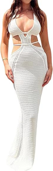 Women Y2k Crochet Knitted Halter Long Dress V Neck Sleeveless Maxi Midi Dress Sexy Open Back Beac... | Amazon (US)