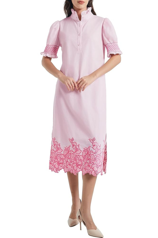 Womens Casual Shirt Dress Button Down Short Sleeve Midi Dress Flower Embroidery Slit Spring Summe... | Amazon (US)