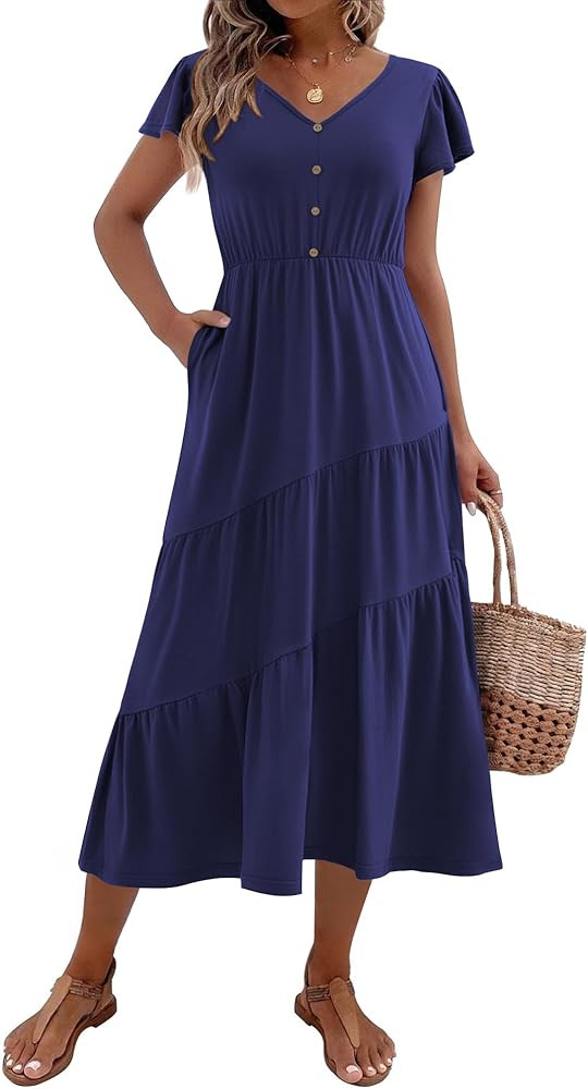 Zeagoo Women's Summer Casual Dress Flutter Short Sleeve V Neck Button Down Tiered Flowy Long Dres... | Amazon (US)