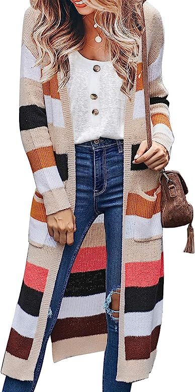 luvamia Women Colorblock Striped Long Cardigans Casual Lightweight Sweater Cardigan Outwear | Amazon (US)