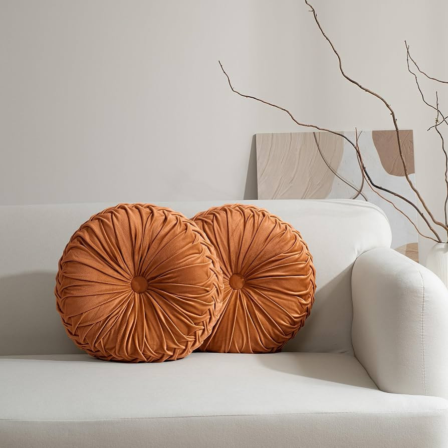 HIG Set of 2 Rust Velvet Decorative Round Pleated Throw Pillows | Amazon (US)