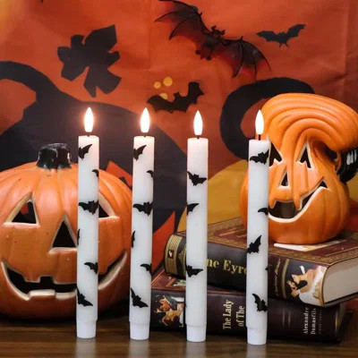 Halloween Flameless Taper Candles - 4 Pack, Remote Timer, 9.65" Flickering LED, Real Wax with Bat Prints, Battery-Operated, Halloween Decor | Wayfair North America