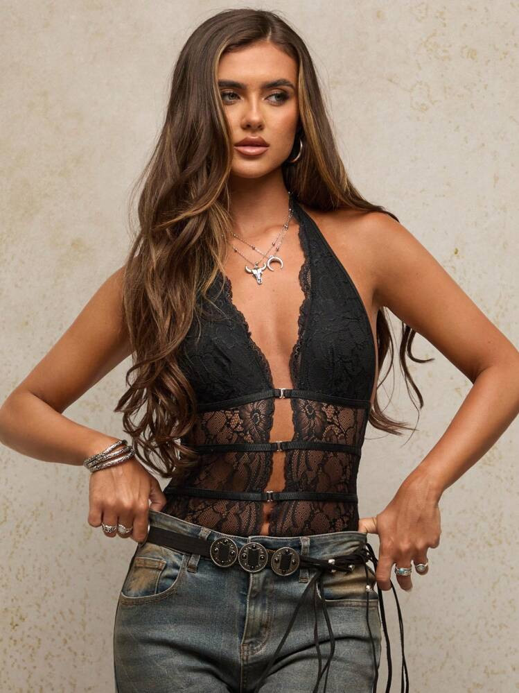 SHEIN BAE Women's Lace Panel Hollow Out Halter Neck Camisole Top, Backless Bodysuit For Summer,Cl... | SHEIN