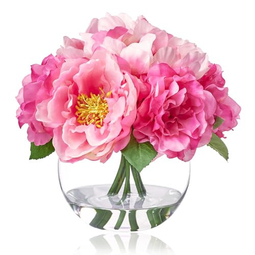 WELL KNOWN Artificial Flowers in Vase, Silk Peonies Bouquet with Faux Water, Fake Peony Pink Flower Arrangement for Home Wedding Birthday Party Dining Table Centerpiece Spring Decor & Mom's Gift | Amazon (US)
