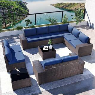 Halmuz 12-Piece Wicker Outdoor Sectional Set with Navy Cushion (6+6)PS-Navy - The Home Depot | The Home Depot