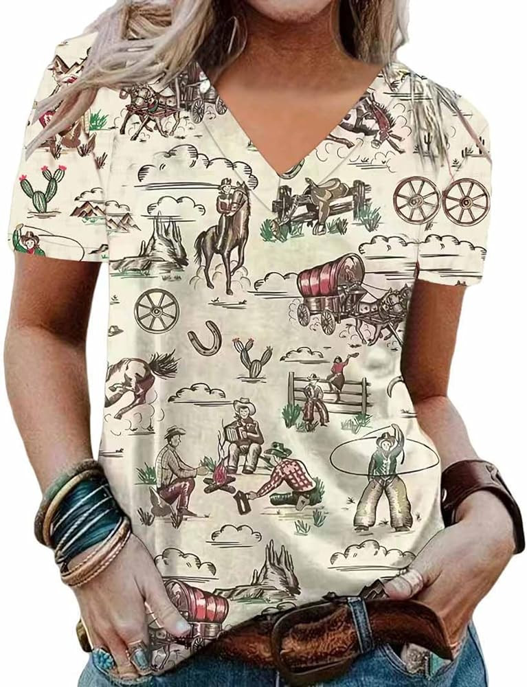 Women's Western Shirt Casual Cactus V-Neck T-Shirt Cowgirl Western Pattern Short Sleeve Loose Lad... | Amazon (US)
