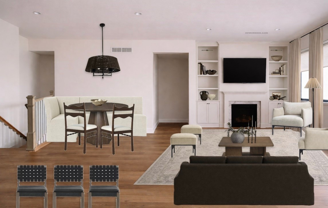 Neutral living room + cozy dining nook refresh 🤍

This open concept space was designed to feel warm, inviting, and timeless without feeling heavy or overly trendy. We swapped a bulky sectional for a more balanced layout with a sofa and two accent chairs to keep the room open and functional while still feeling cozy.

The dining nook is one of my favorite moments. A soft neutral banquette paired with warm wood tones creates that elevated but relaxed look that works for everyday life and hosting. Everything is layered with intention to bring in texture, warmth, and flow across the space.

If you’re working with an open floor plan, this is your reminder that layout matters just as much as the pieces themselves.

Sharing all sources here including
neutral sofa
accent chairs and ottomans
warm wood coffee table
large neutral rug
dining table and chairs
banquette seating
black statement chandelier
decor and styling pieces

Save this for neutral living room ideas, open concept layout inspiration, and cozy dining nook design.